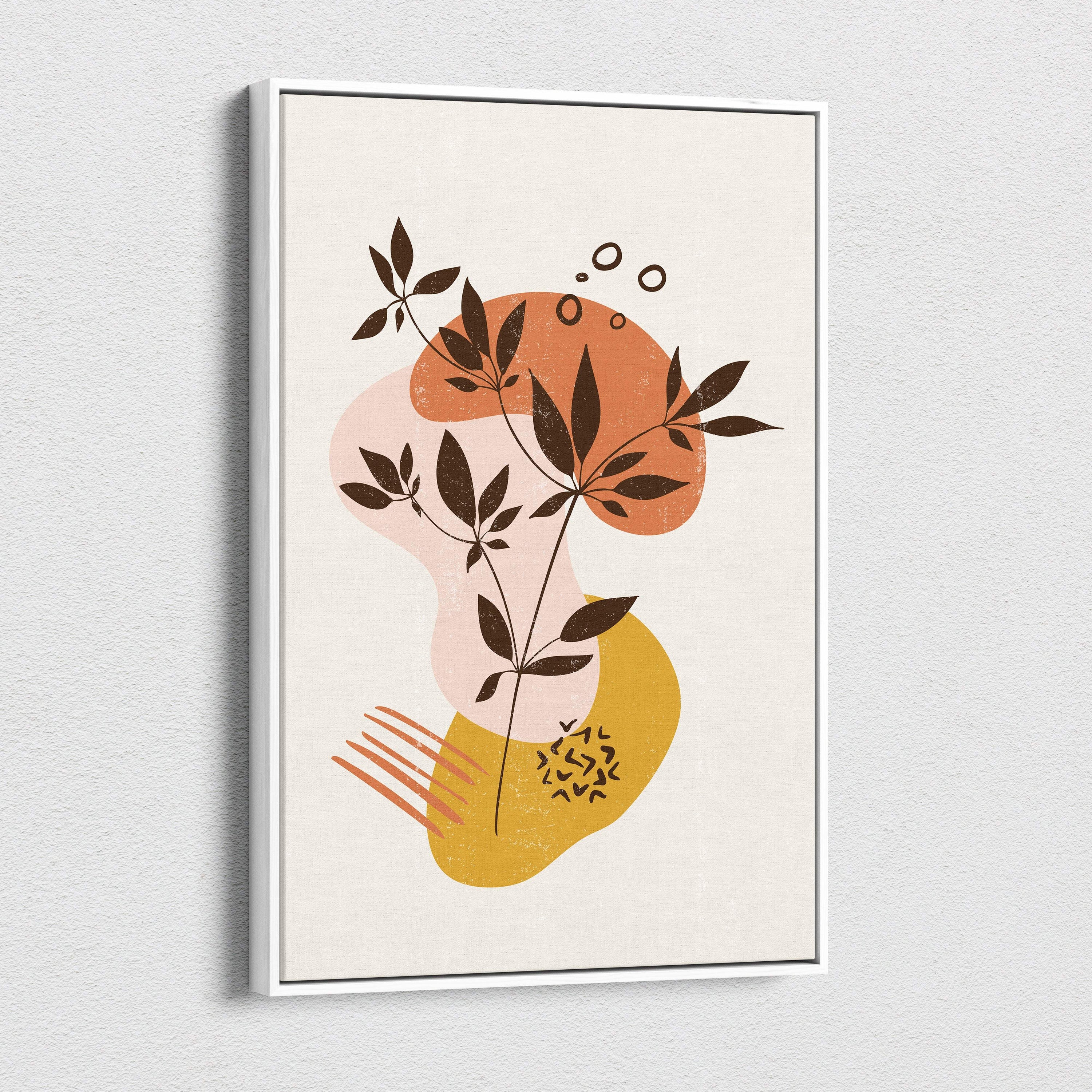 Minimalist framed abstract art print with dark brown leaves and warm orange mustard tones for boho home decor