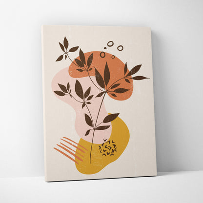 Boho abstract botanical canvas wall art with dark brown leaves and terracotta mustard beige organic shapes on beige background
