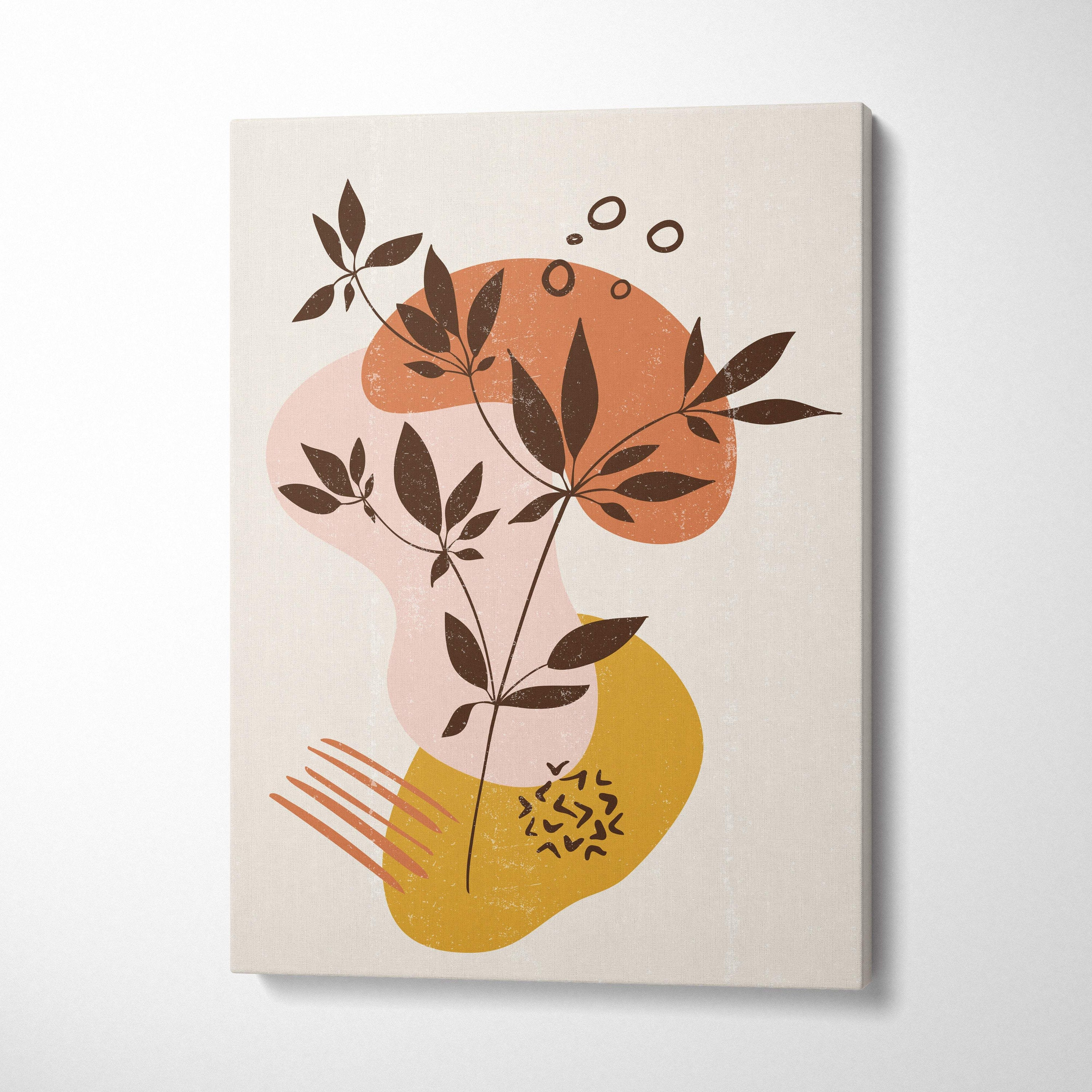 Boho abstract botanical canvas wall art with dark brown leaves terracotta mustard and beige for living room bedroom decor