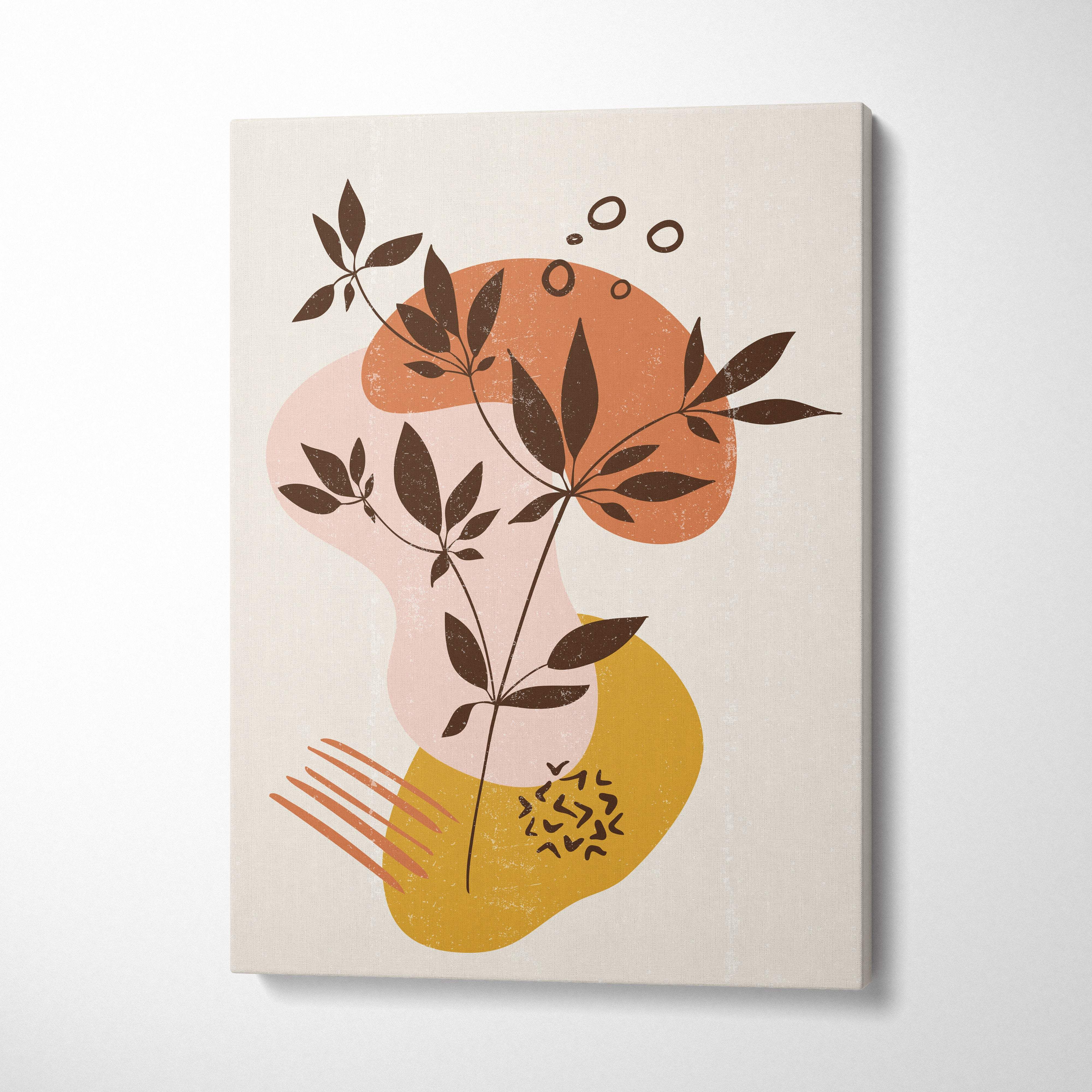 Boho abstract botanical canvas wall art with dark brown leaves terracotta mustard and beige for living room bedroom decor