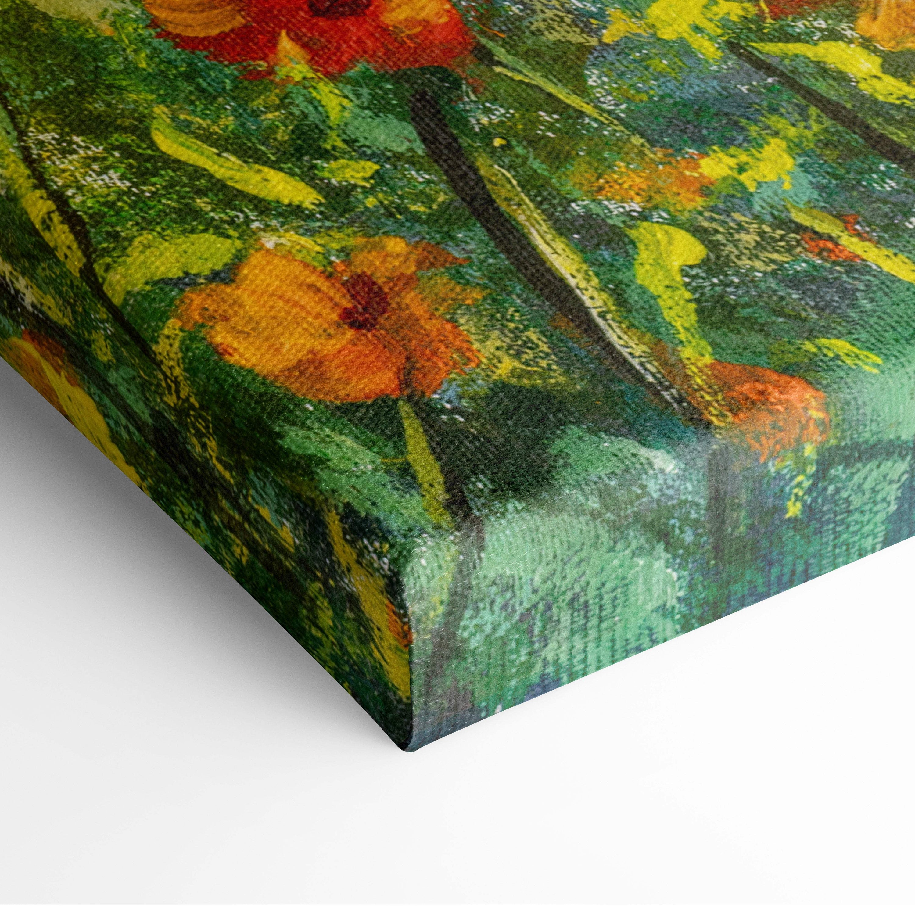 Sunlit wildflower meadow canvas print featuring vibrant orange and red poppies with textured brushstrokes and green foliage