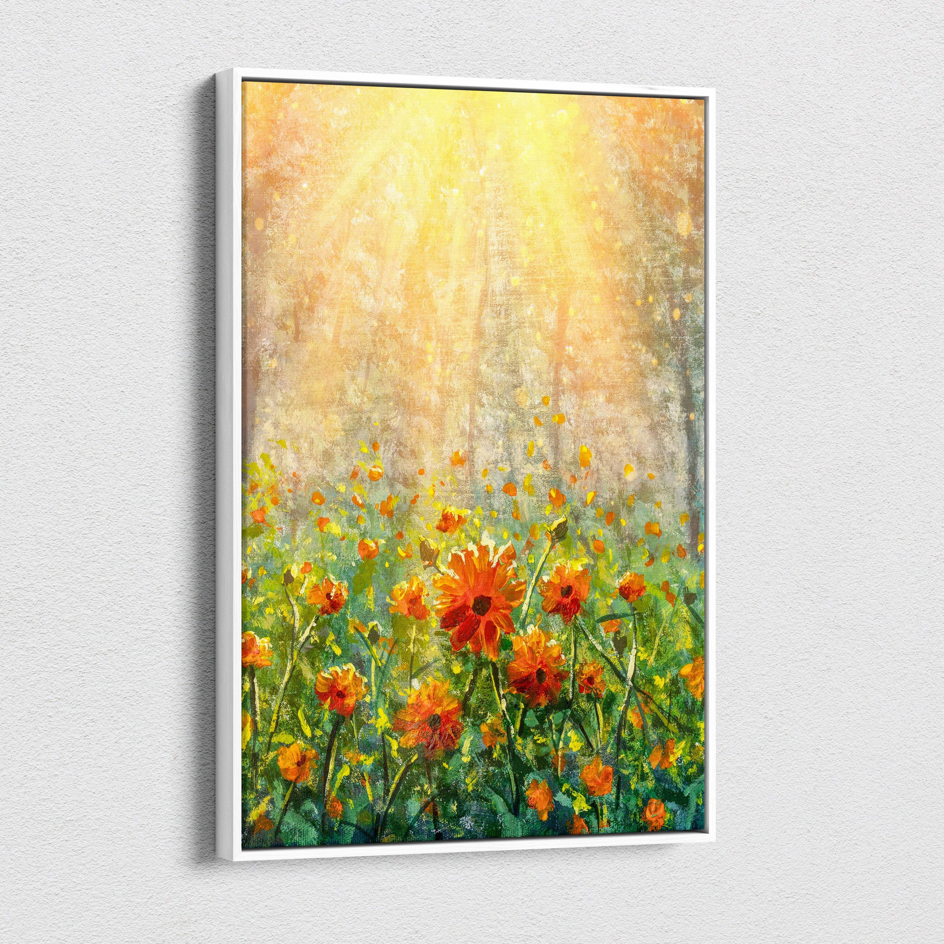 A framed canvas print of a sunlit wildflower meadow with orange and yellow flowers in an impressionist oil painting style