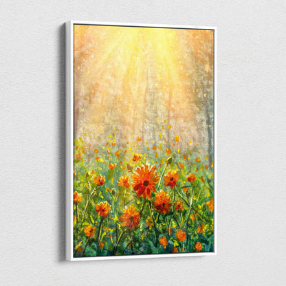 A framed canvas print of a sunlit wildflower meadow with orange and yellow flowers in an impressionist oil painting style
