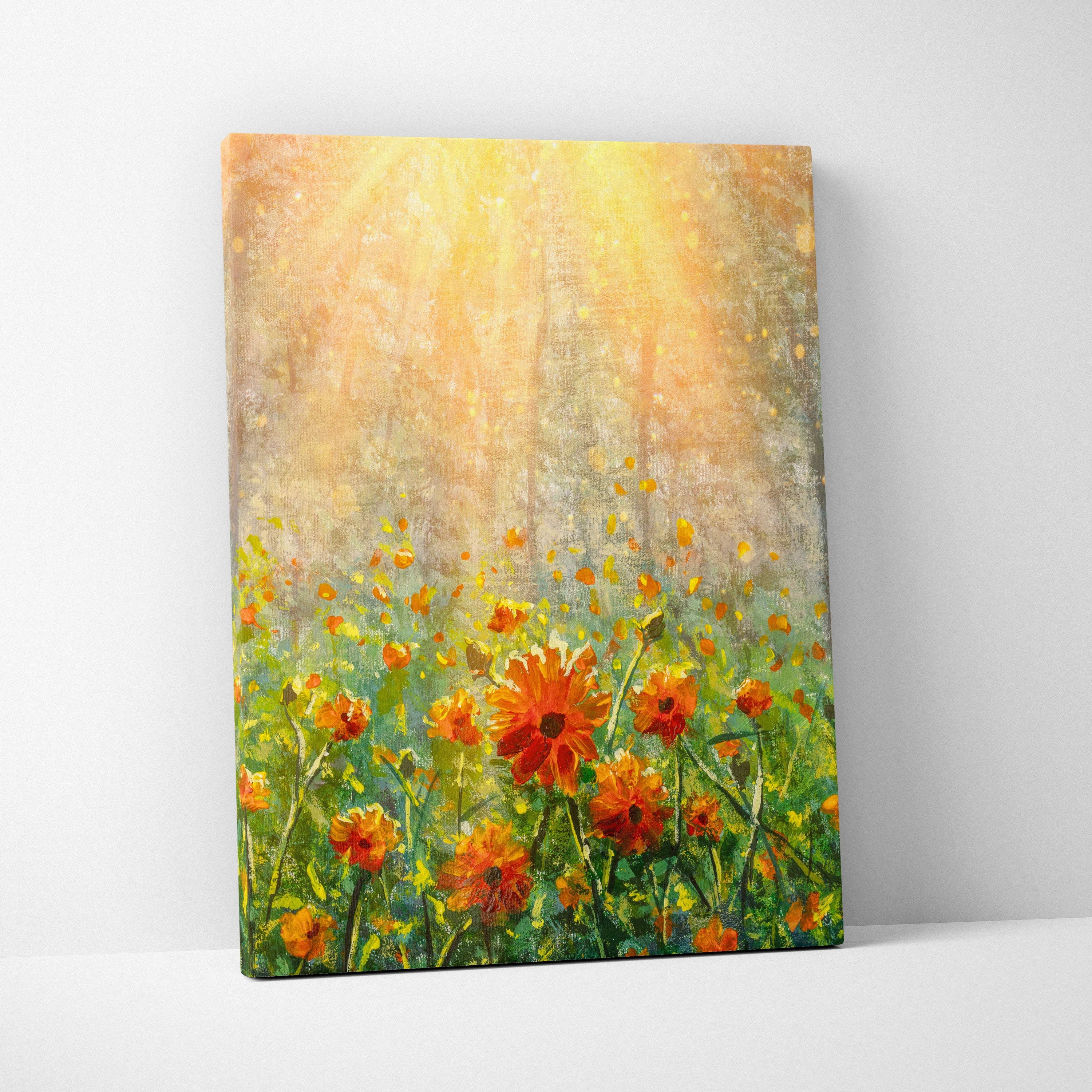 A vibrant sunlit wildflower meadow canvas print featuring orange daisies and green foliage in oil painting style