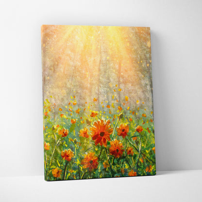 A vibrant sunlit wildflower meadow canvas print featuring orange daisies and green foliage in oil painting style