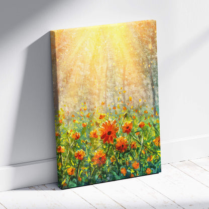 Sunlit wildflower meadow canvas print featuring orange blossoms and soft green foliage against a warm golden sky