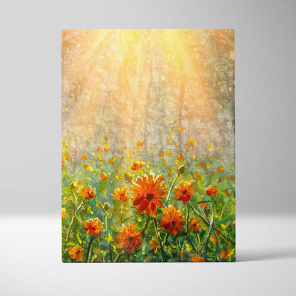 Sunlit wildflower meadow canvas print featuring vibrant orange and yellow daisies in oil painting style with warm golden light