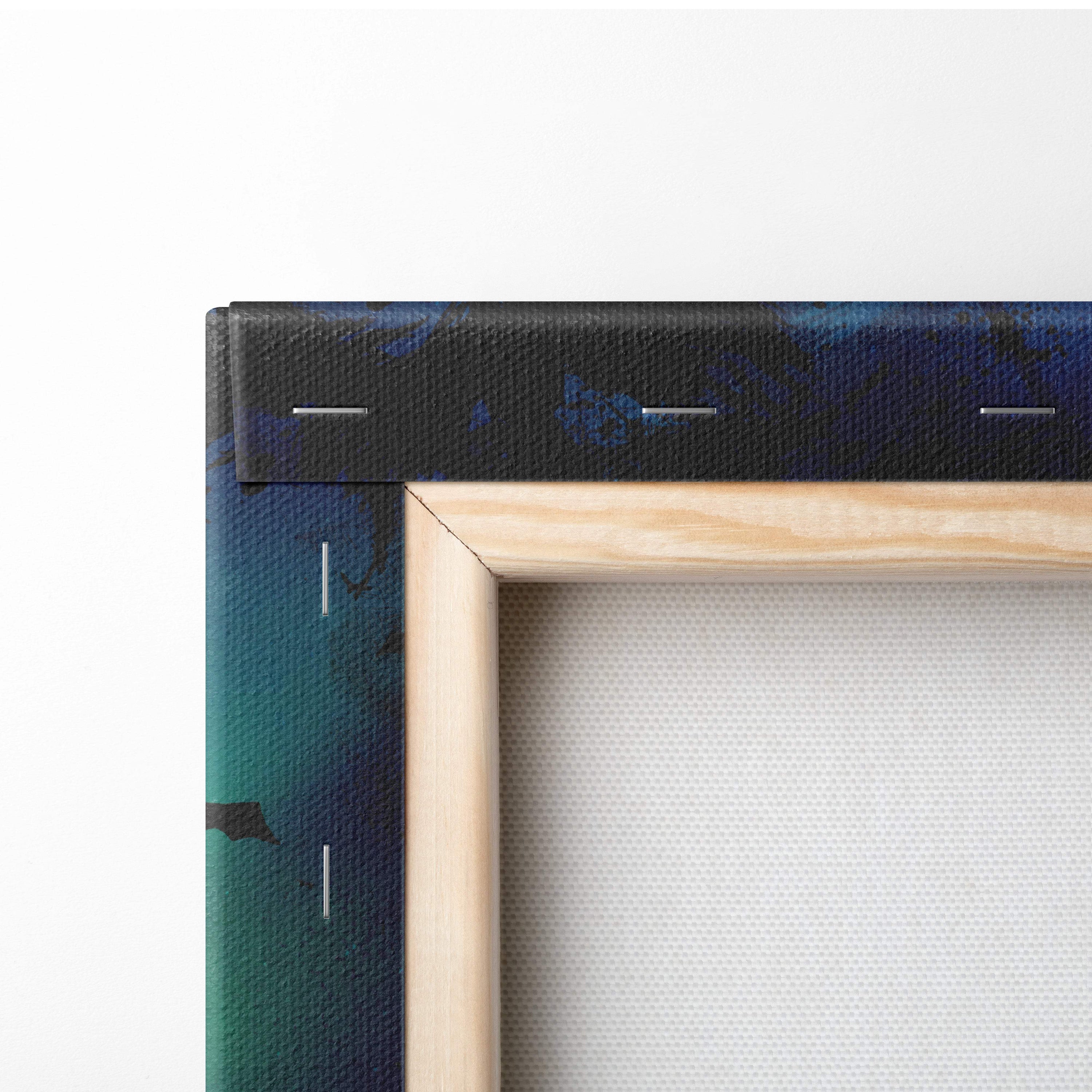 Light-colored wooden frame dark fantasy canvas art with black border and abstract blue green paint splatters
