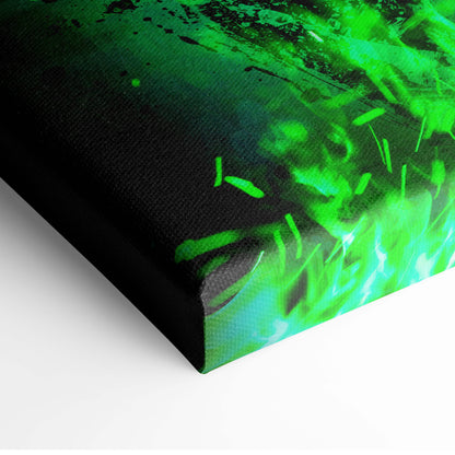 Dark fantasy green flame canvas art with vibrant green and black textured brushstrokes and gothic shadow figures