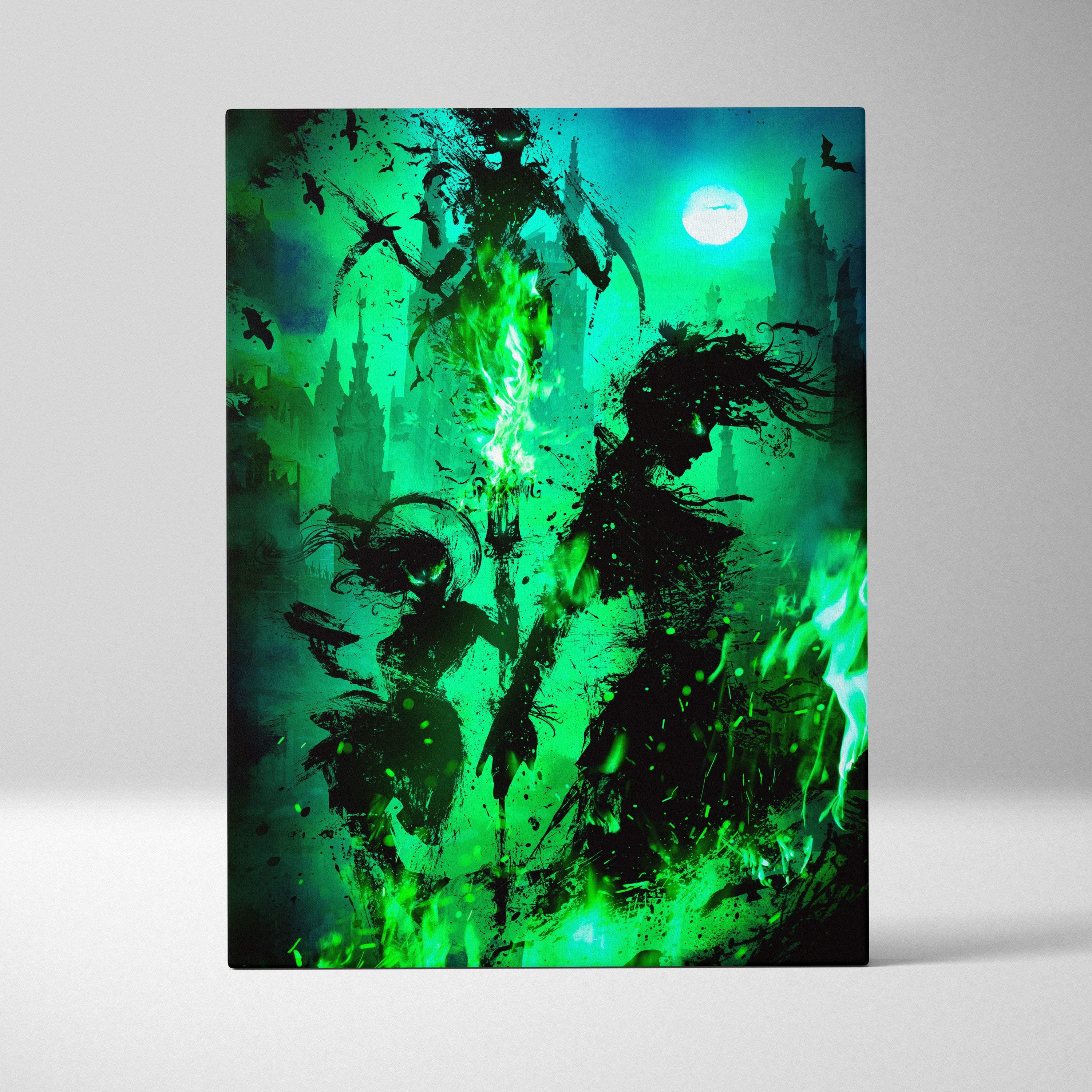 Dark fantasy green flame canvas art with glowing neon emerald fire and gothic shadow figures against teal sky