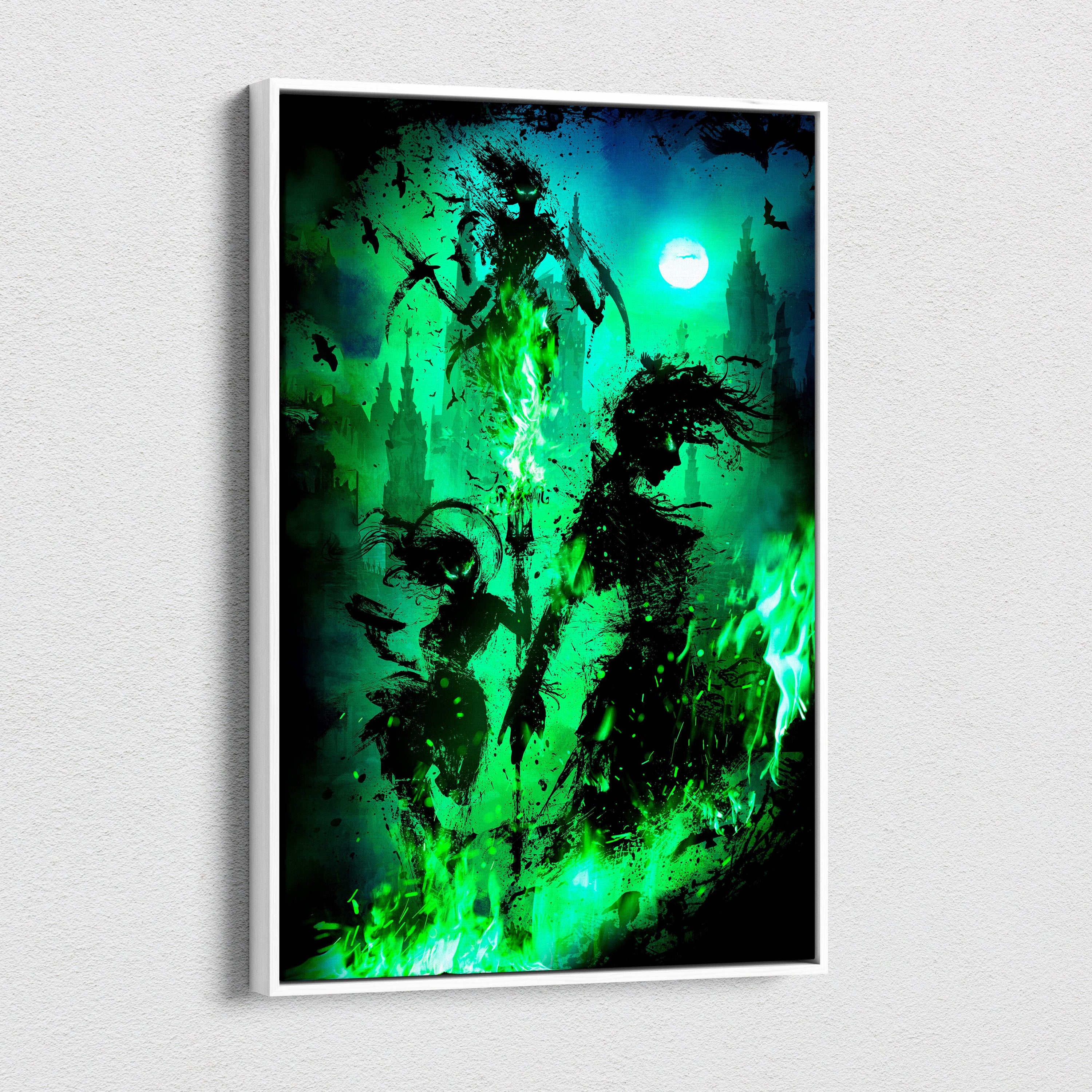 A framed dark fantasy canvas print with glowing green flames and gothic shadow figures against a moonlit backdrop