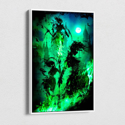 A framed dark fantasy canvas print with glowing green flames and gothic shadow figures against a moonlit backdrop