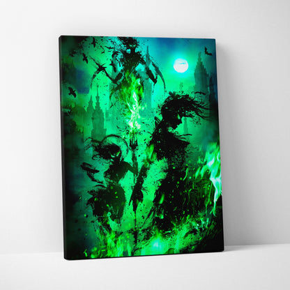 Dark fantasy green flame canvas art with gothic shadow figures glowing flames and moonlit haunted castle silhouette