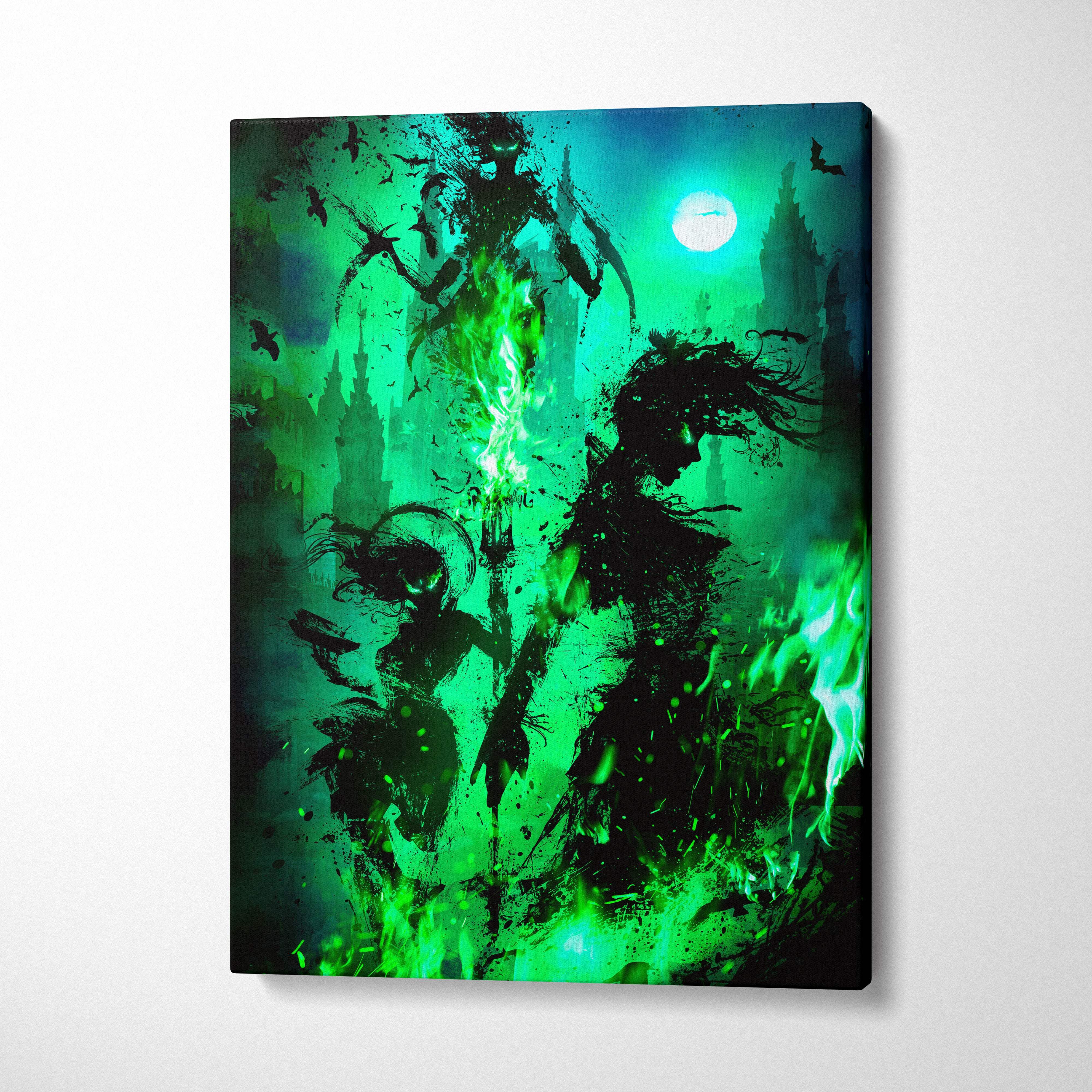 Dark fantasy green flame canvas art with gothic shadow figures and neon emerald fire under a bright moon