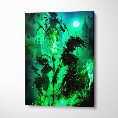 Dark fantasy green flame canvas art with gothic shadow figures and neon emerald fire under a bright moon