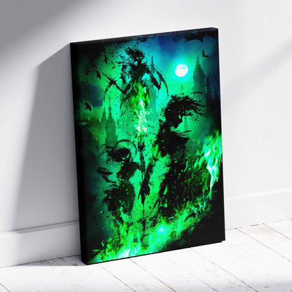 Dark fantasy green flame canvas art with gothic shadow figures and neon emerald fire under a bright moon