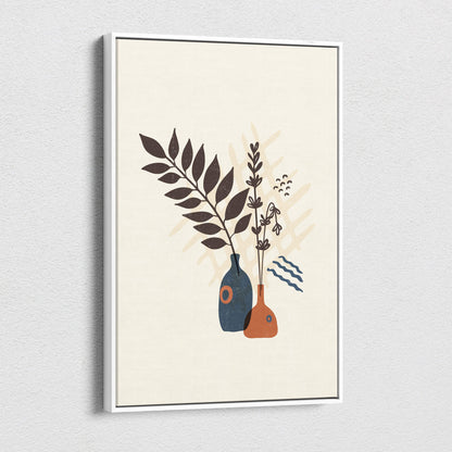 Boho botanical vase canvas wall art with navy blue and terracotta stylized vases holding foliage on beige background