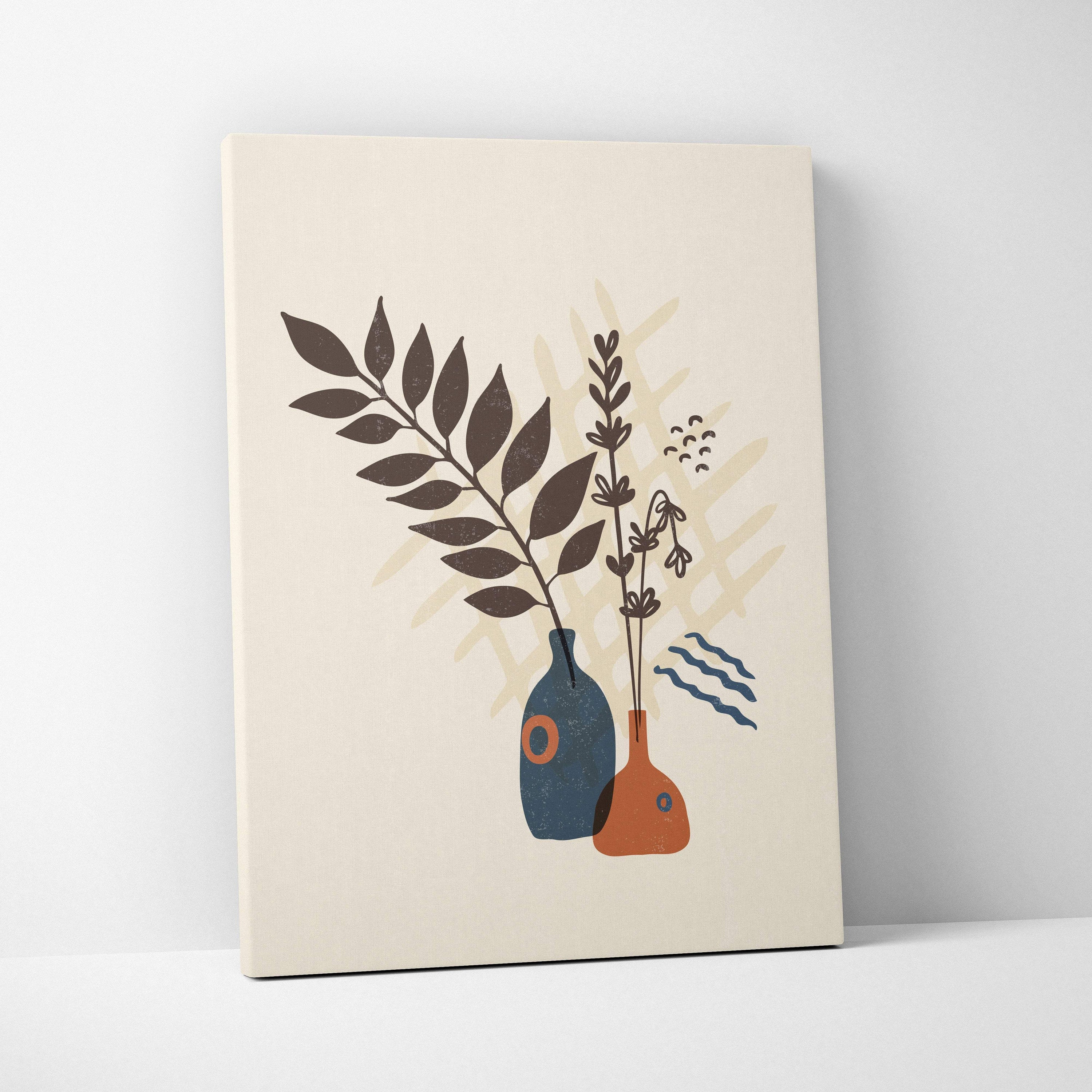 Beige canvas print featuring stylized dark brown foliage in navy blue and terracotta vase for boho wall decor