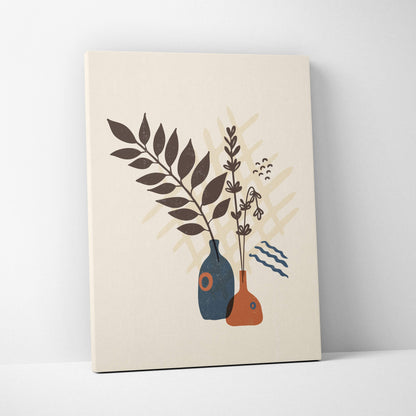 Beige canvas print featuring stylized dark brown foliage in navy blue and terracotta vase for boho wall decor