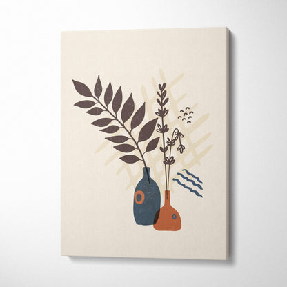 Minimalist canvas print featuring navy blue and terracotta vases with foliage on cream background for boho decor