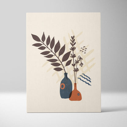 Beige canvas print featuring stylized dark brown foliage in blue and terracotta vases with abstract wave patterns