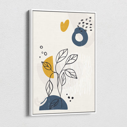 Boho abstract botanical canvas wall art with minimalist leaf line drawings and bold geometric shapes in mustard yellow navy blue and beige