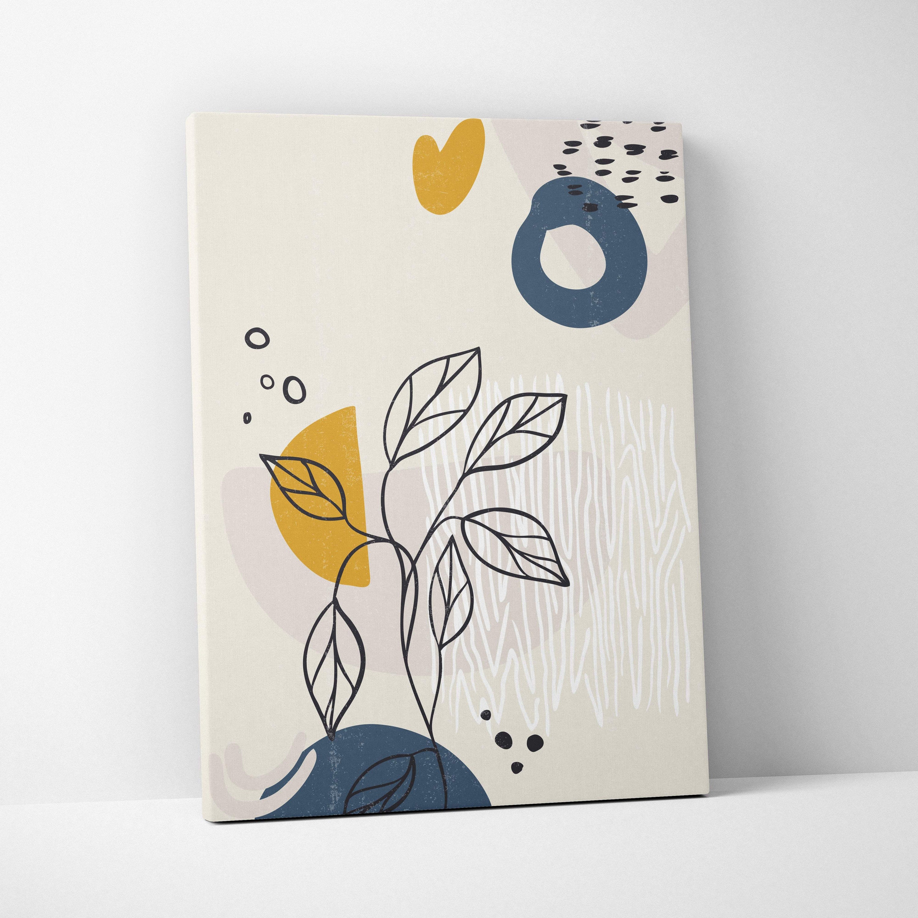 Boho abstract botanical canvas wall art with minimalist black leaf lines mustard yellow navy blue on off-white background