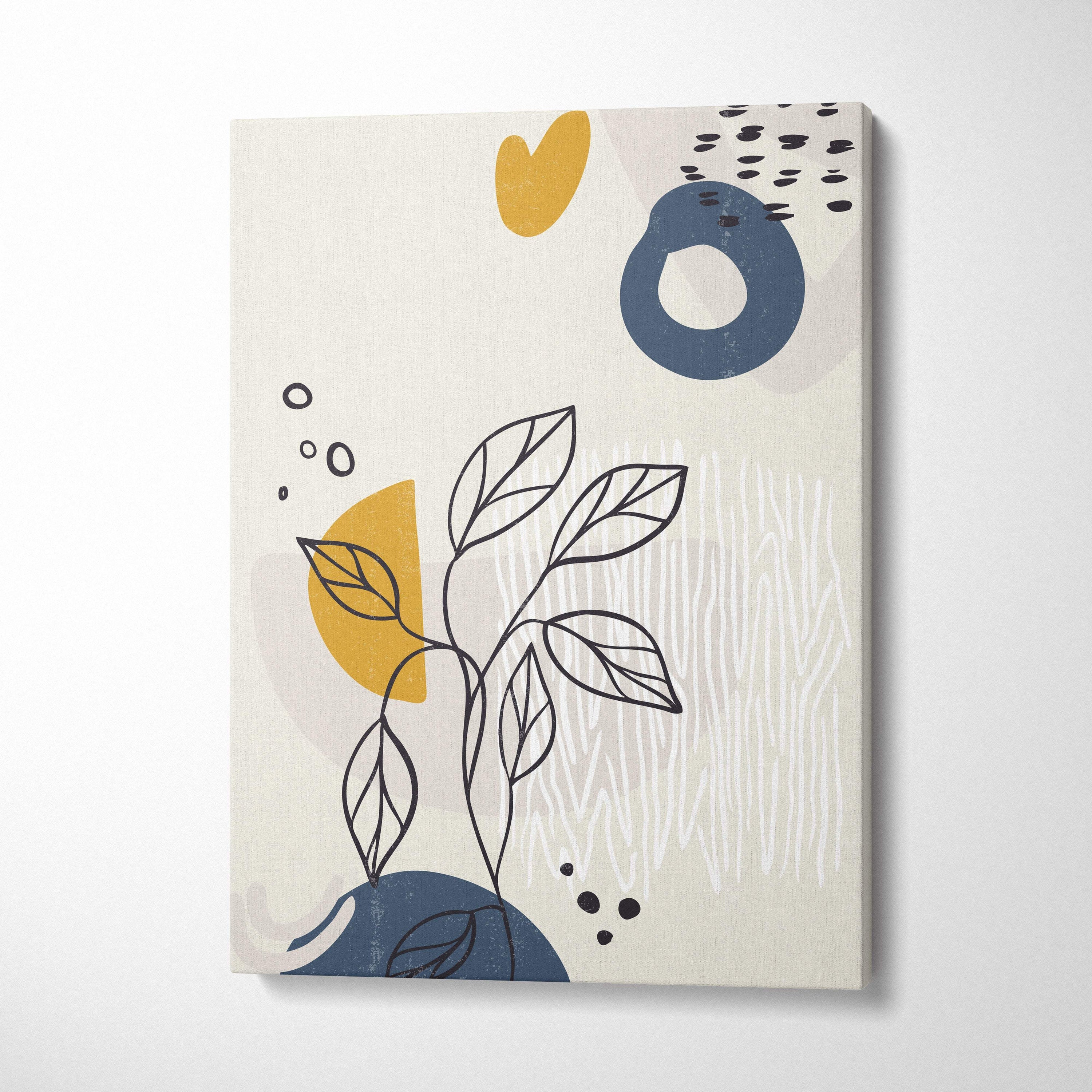 Boho abstract botanical canvas wall art with minimalist black leaf lines mustard yellow navy blue shapes on cream background