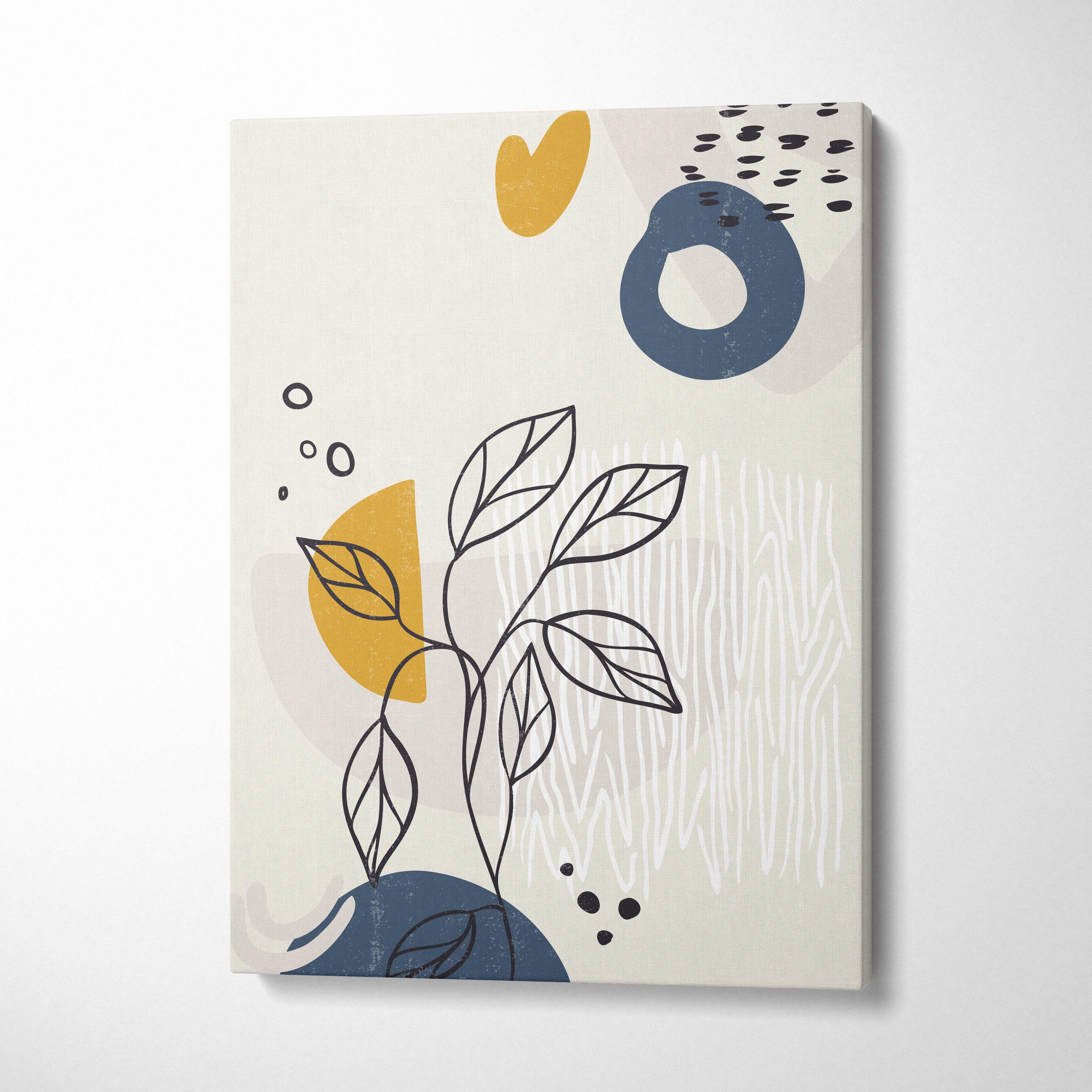 Boho abstract botanical canvas wall art with minimalist black leaf lines mustard yellow navy blue shapes on cream background