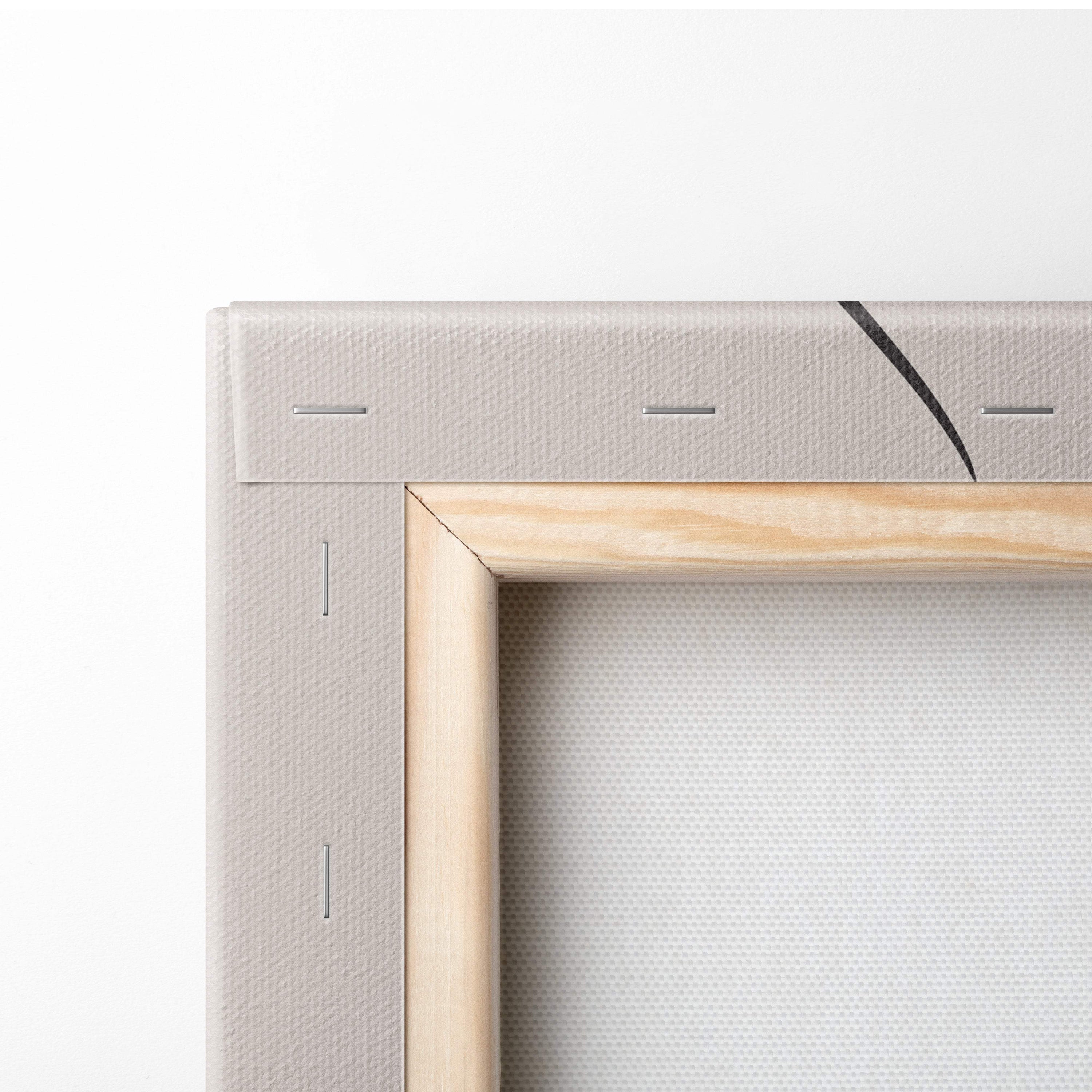 Boho minimalist line art face canvas wall art with light beige canvas and subtle stitched details on natural wood frame