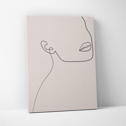 Boho minimalist line art face canvas print with delicate black profile drawing on soft beige background for home decor