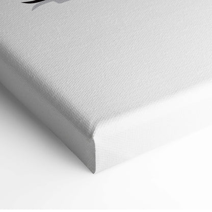 White canvas wall art with textured surface and black graphic detail featuring pink blossom mountain lake design