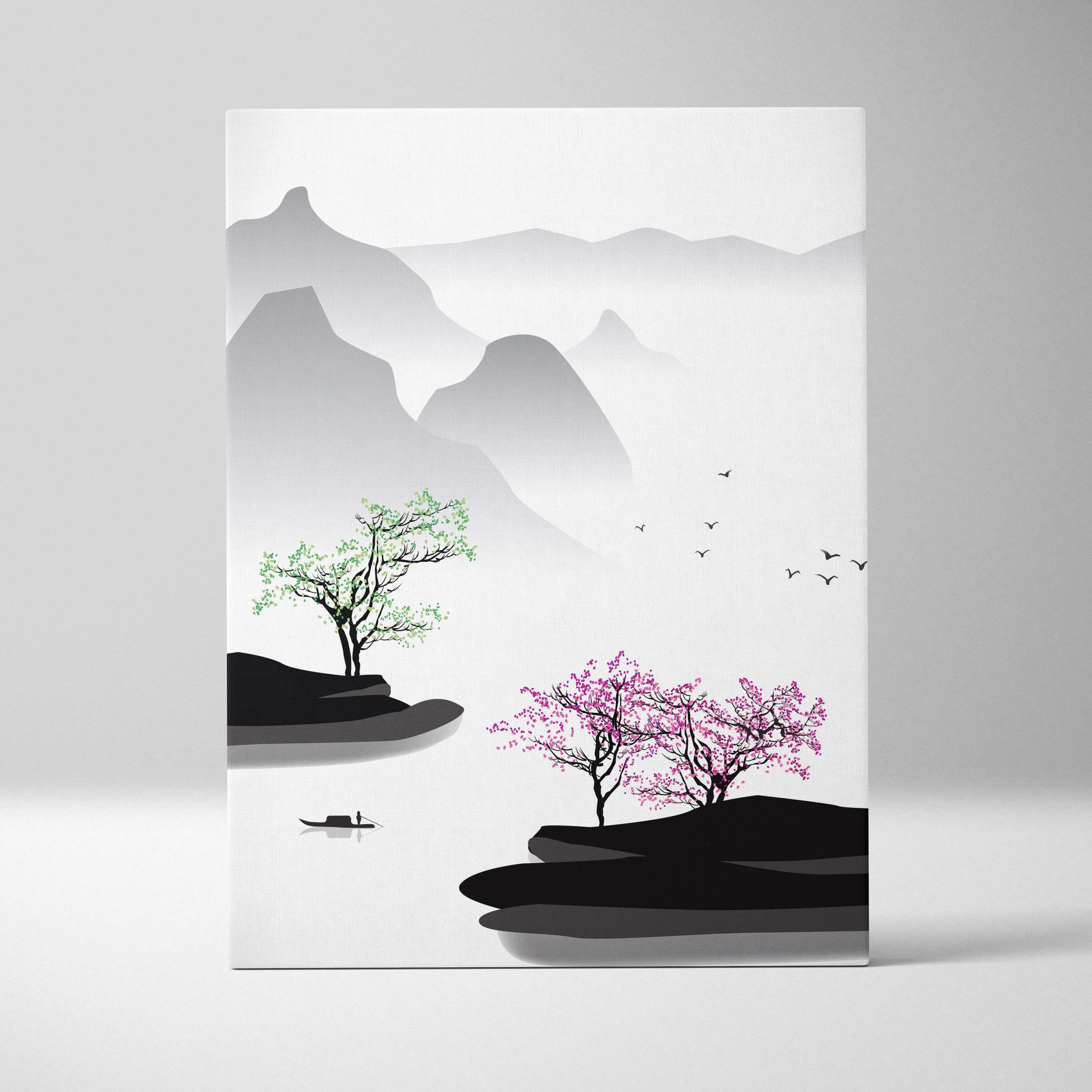 Pink blossom mountain lake canvas wall art with misty gray mountains pink and green trees in asian ink painting style
