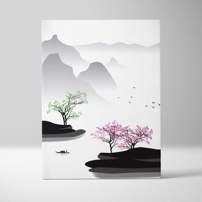 Pink blossom mountain lake canvas wall art with misty gray mountains pink and green trees in asian ink painting style