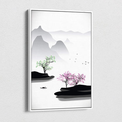 Minimalist framed canvas wall art featuring stylized black white and pink cherry blossom trees with misty mountain silhouettes in asian ink painting style