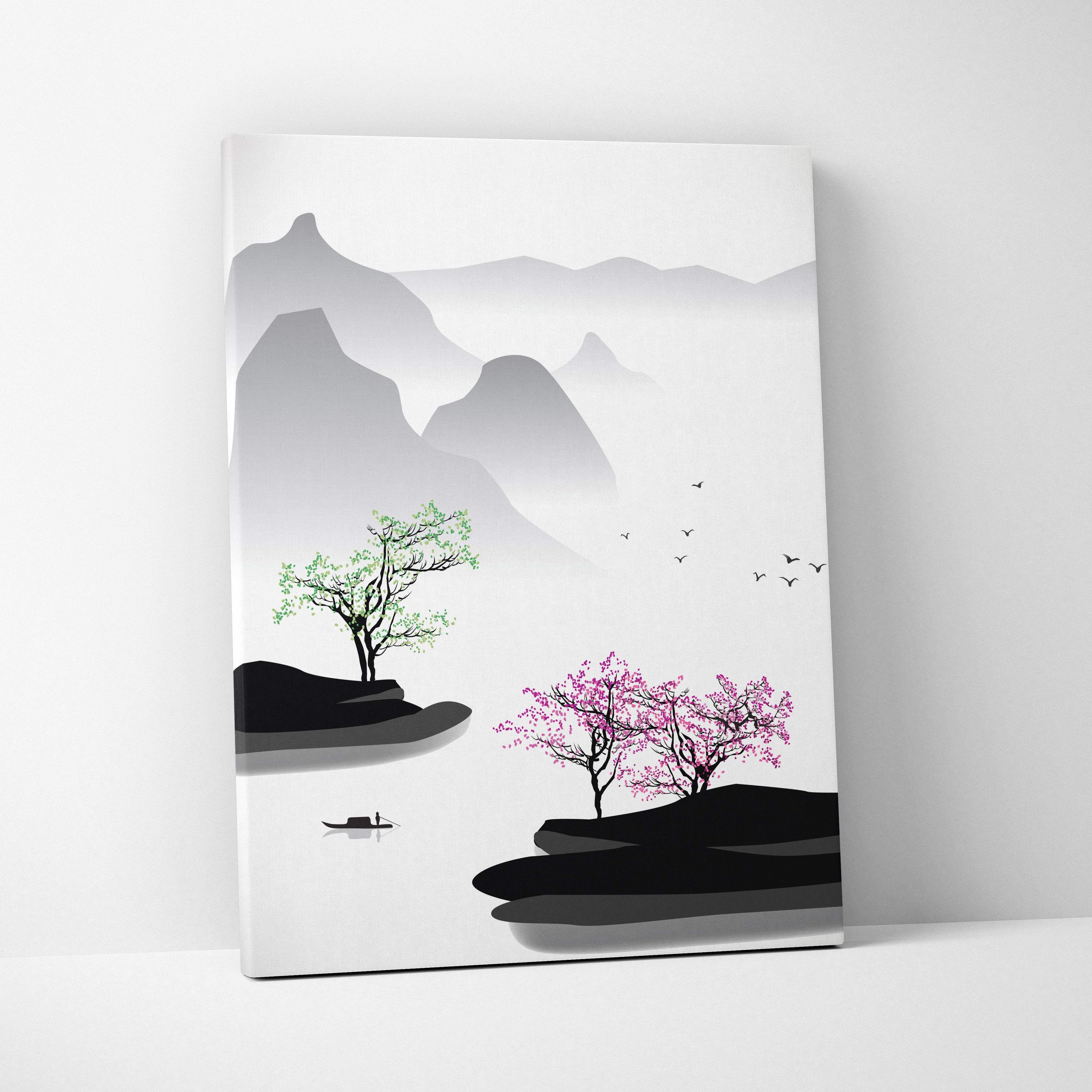 Pink blossom mountain lake canvas wall art with stylized black gray and pink trees and a boat on misty mountains