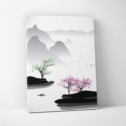 Pink blossom mountain lake canvas wall art with stylized black gray and pink trees and a boat on misty mountains