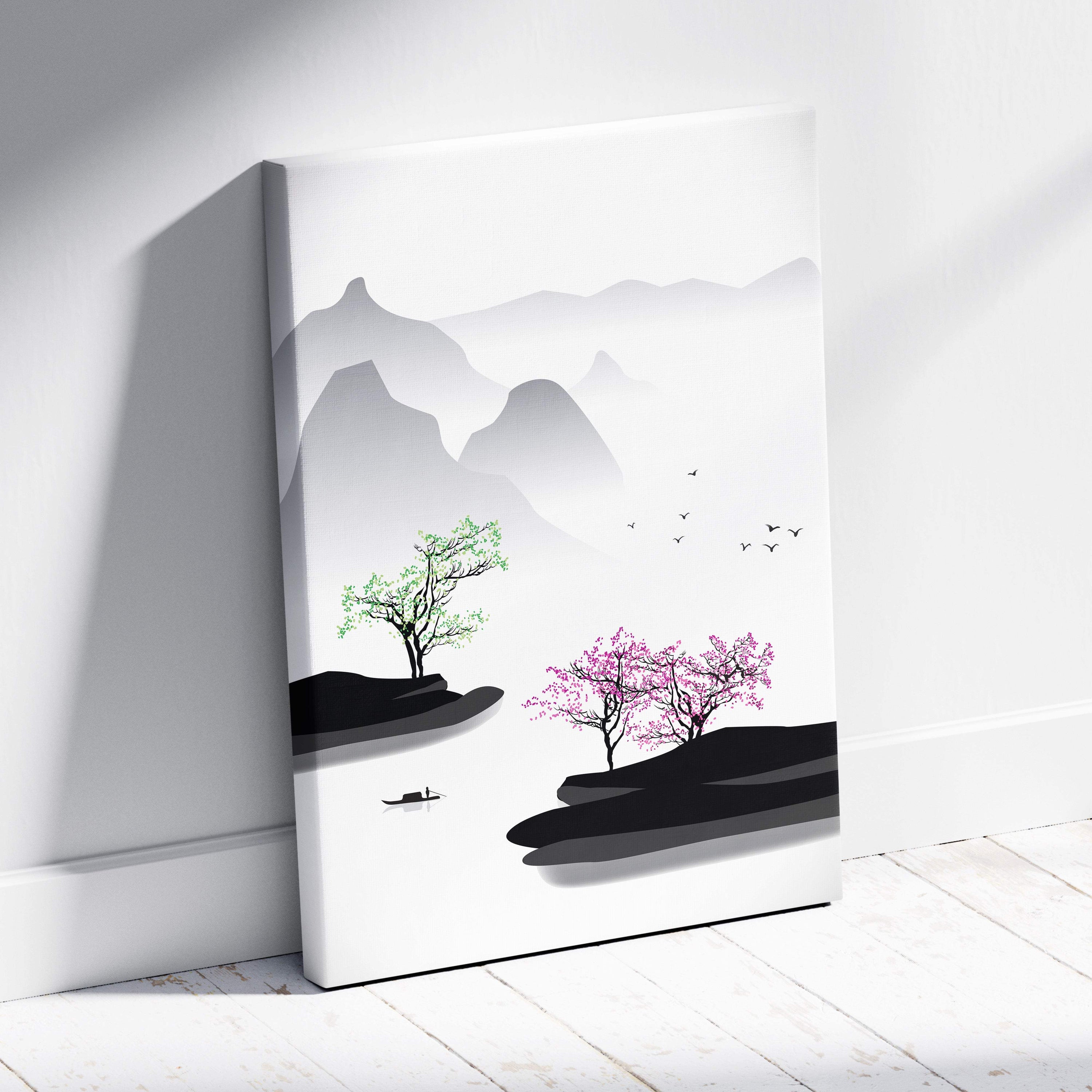 Pink blossom mountain lake canvas wall art with stylized mountains trees and a boat in gray green asian ink style
