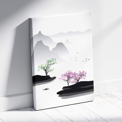 Pink blossom mountain lake canvas wall art with stylized mountains trees and a boat in gray green asian ink style