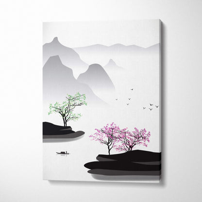 Pink blossom mountain lake canvas wall art with stylized gray green mountains cherry blossoms boat birds zen decor