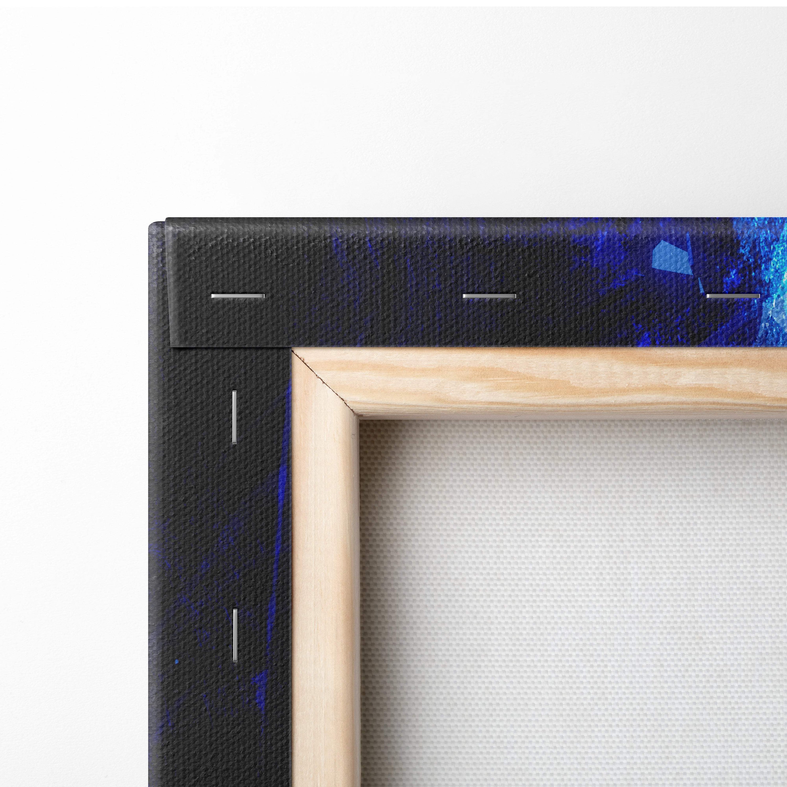 Electric blue shadow mage canvas art with deep blue abstract design glowing eyes neon energy framed in light wood