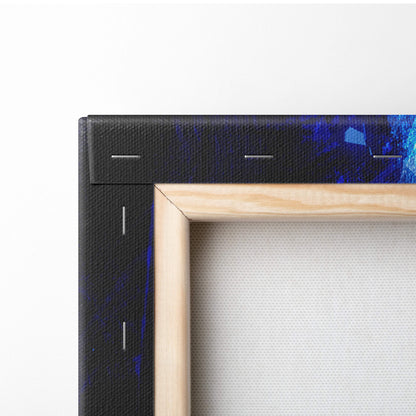 Electric blue shadow mage canvas art with deep blue abstract design glowing eyes neon energy framed in light wood