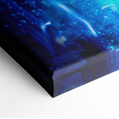 Electric blue shadow mage canvas art with blue abstract textured brushstrokes and glowing neon energy effects