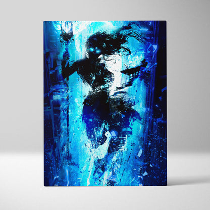 Electric blue shadow mage canvas art featuring a blue abstract figure with glowing eyes and neon energy burst wall decor