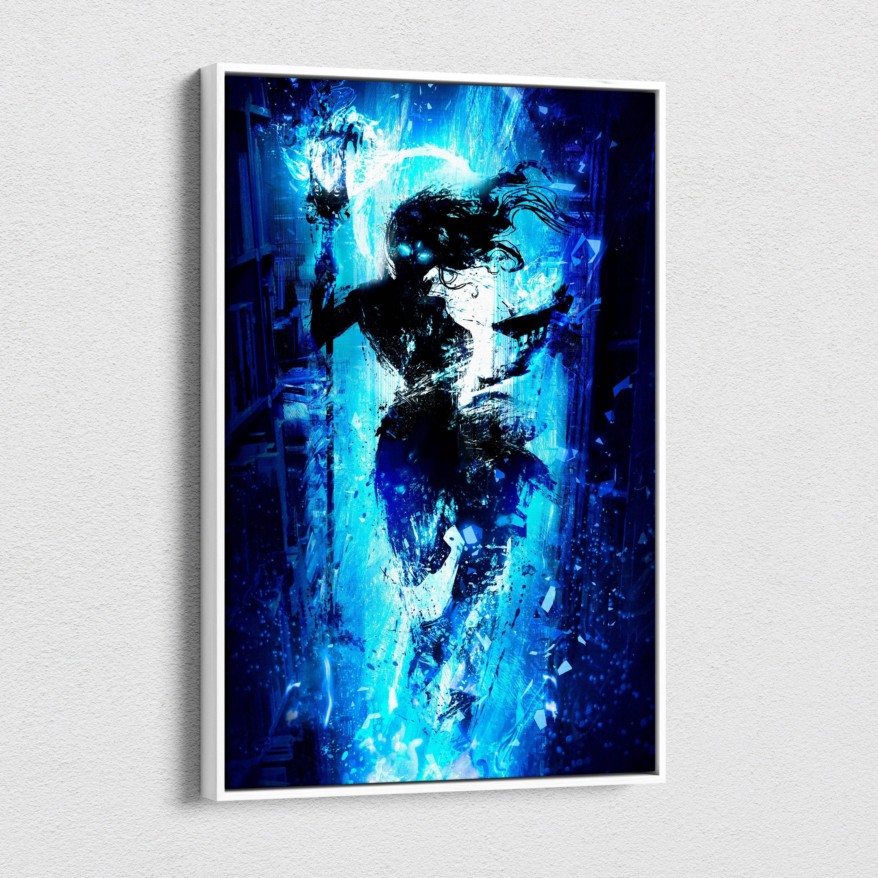Electric blue shadow mage canvas art featuring a glowing blue and black figure with flowing hair in a white frame