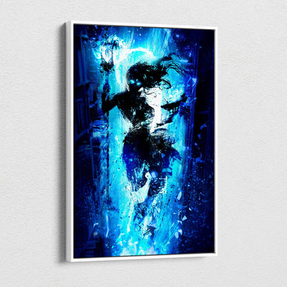 Electric blue shadow mage canvas art featuring a glowing blue and black figure with flowing hair in a white frame
