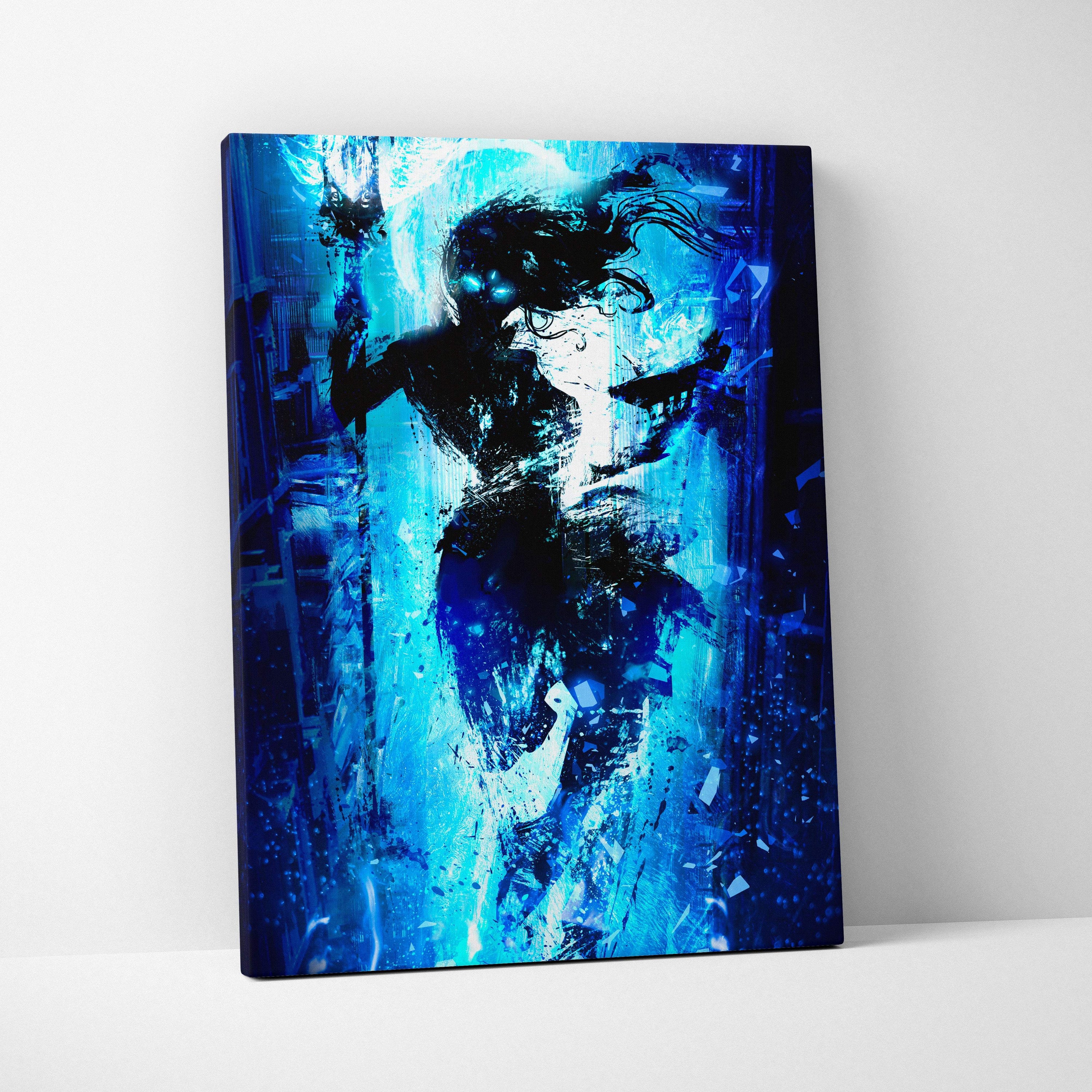 Electric blue shadow mage canvas art featuring a dynamic abstract figure with glowing eyes on a blue indigo backdrop
