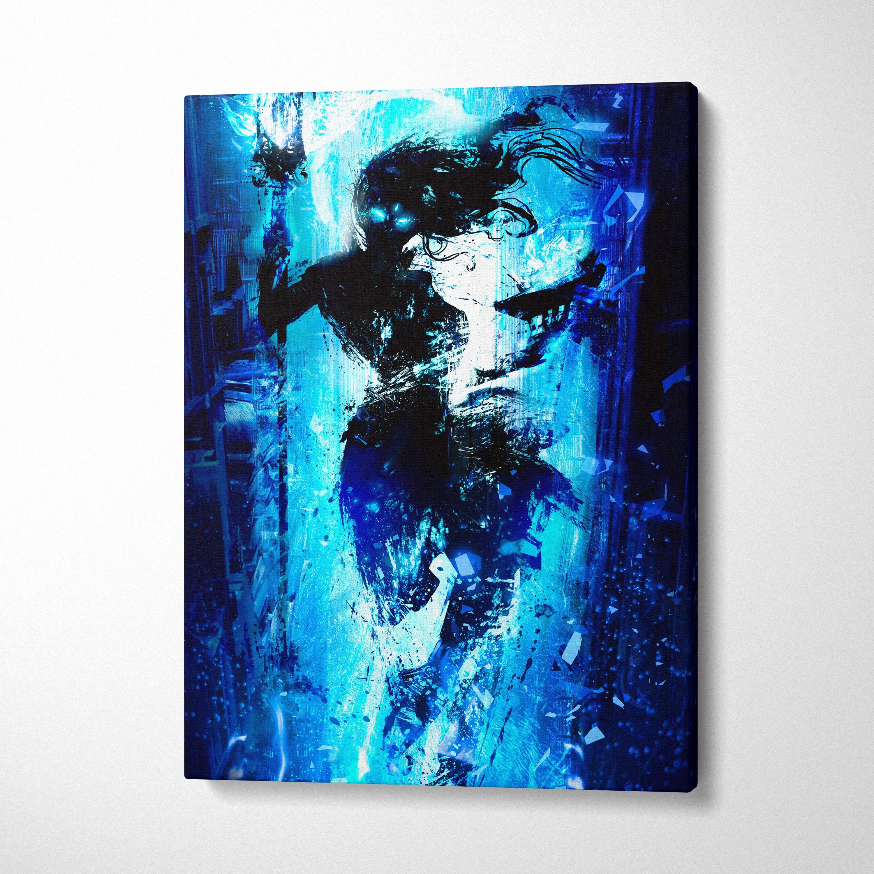 Electric blue shadow mage canvas art with dark fantasy abstract figure glowing eyes and vibrant blue black background