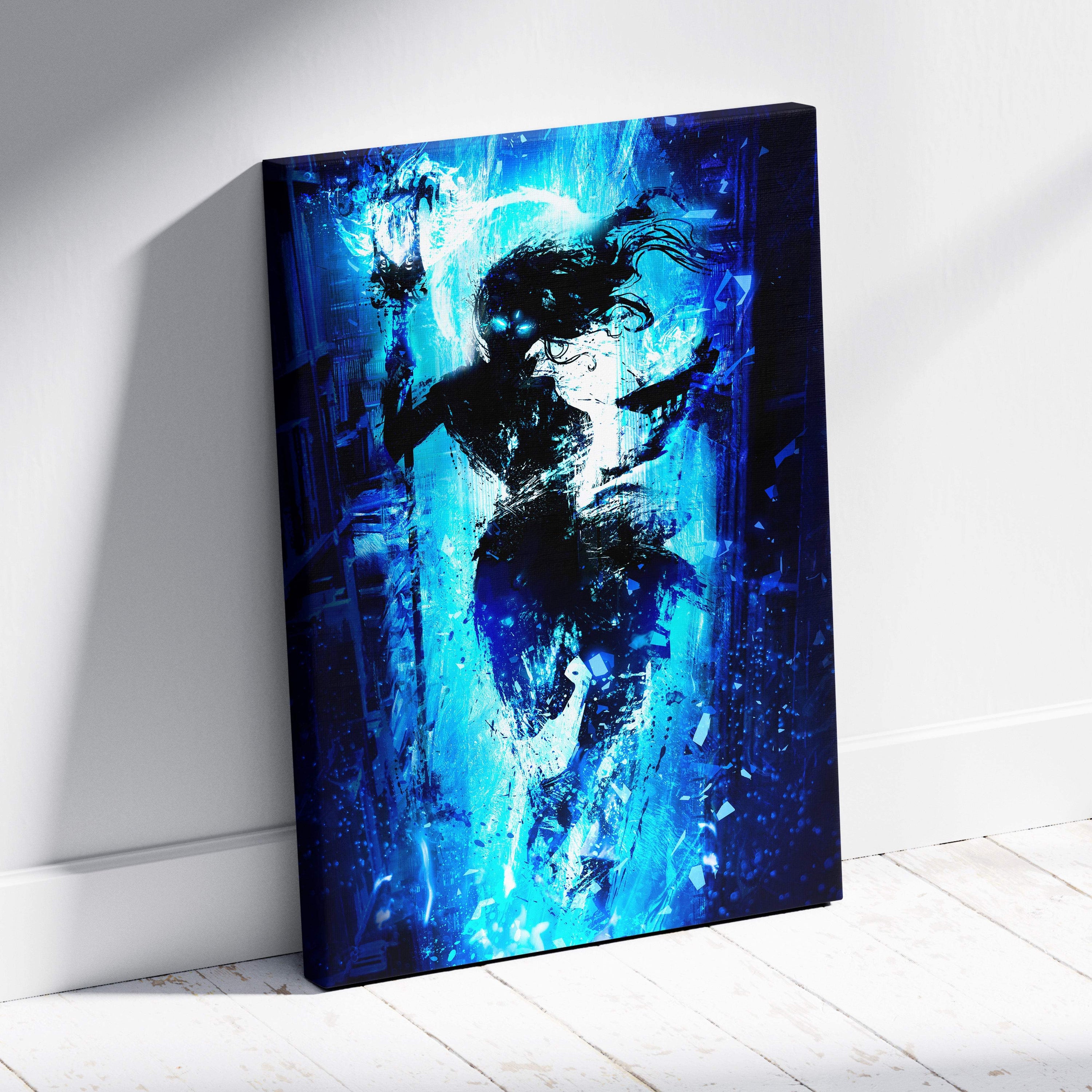 Electric blue shadow mage canvas art featuring a blue and black abstract figure with glowing eyes and neon light effects