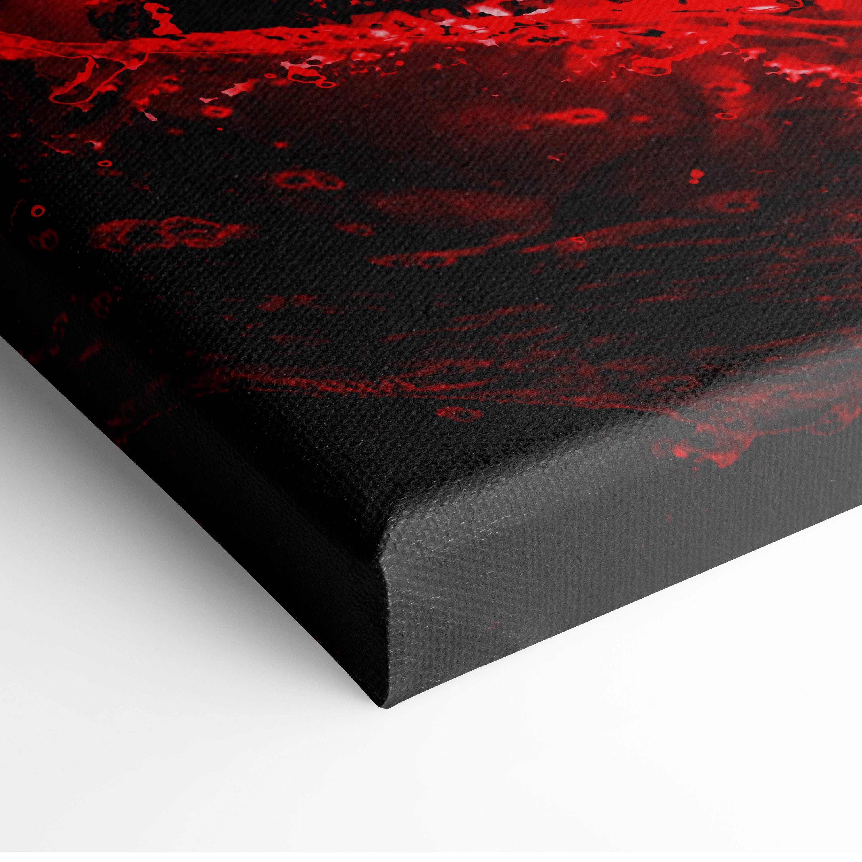 Black canvas print featuring bold blood red splatter paint in dark gothic abstract silhouette design